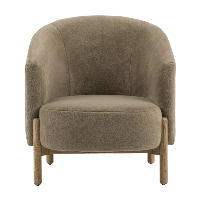 Gallery Direct Tinvane rounded tub armchair in khaki faux shearling upholstery on an exposed solid oak frame, shown front-on against a white background.