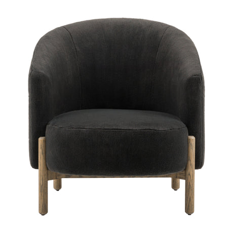 Gallery Direct Tinvane rounded tub armchair in graphite faux shearling on an exposed solid oak frame, front view on a plain white background.