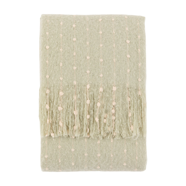 Gallery Direct Dotvane Faux Mohair Throw folded in sage green with cream raised bobble stripes and tasselled fringing, on a white background.