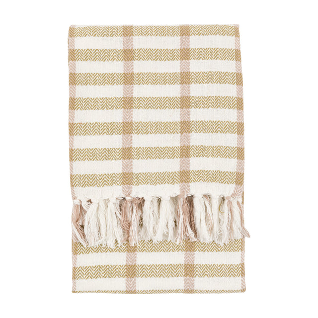 Gallery Direct Arvovane folded woven throw in cream with sand and rust grid stripes over herringbone weave, finished with hand-knotted tassel fringe.