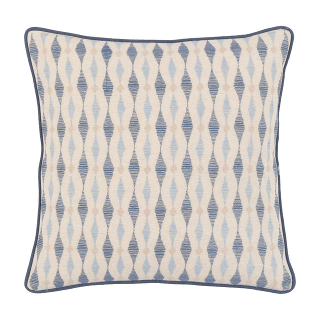 Gallery Direct Sivane Ikat Embroidered Cushion in natural linen with blue diamond and teardrop pattern and navy piped edge, on a white background.