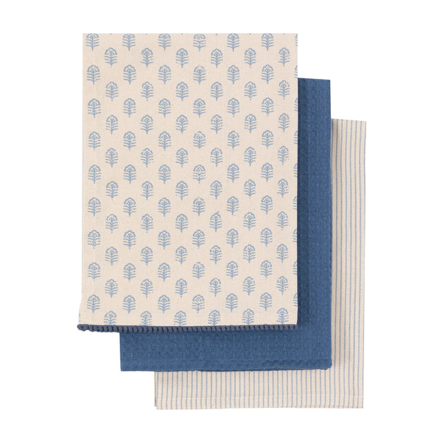Fleur Floral Stamp Tea Towels Set of 3 – Blue