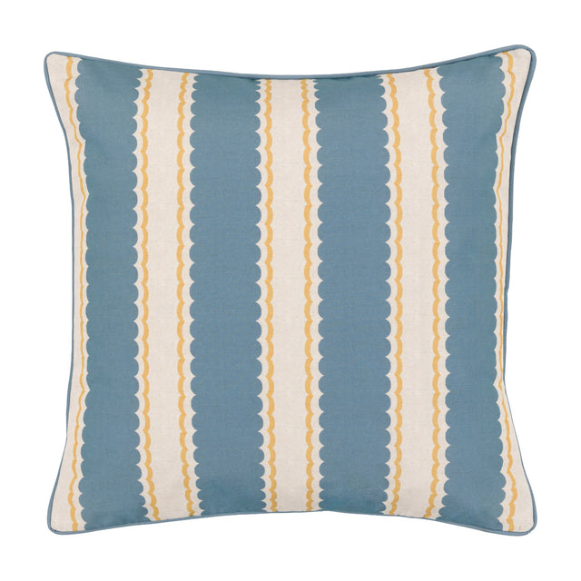 Gallery Direct Calvenne Scalloped Stripe Cushion in blue and ochre with vertical scalloped stripes on a natural ground and piped edge.