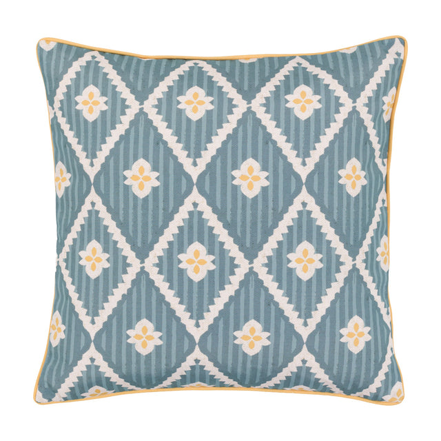 Gallery Direct Oasvane Filled Cushion in blue with a striped diamond and yellow floral motif print, finished with contrast yellow piped edging.