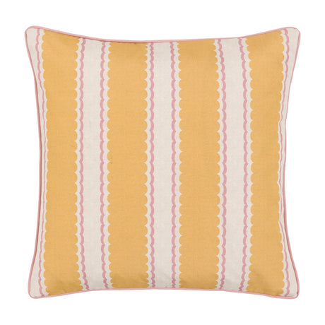 Gallery Direct Calvenne Scalloped Stripe Cushion in ochre and natural with pink scalloped detailing and pink piped border on a white background.
