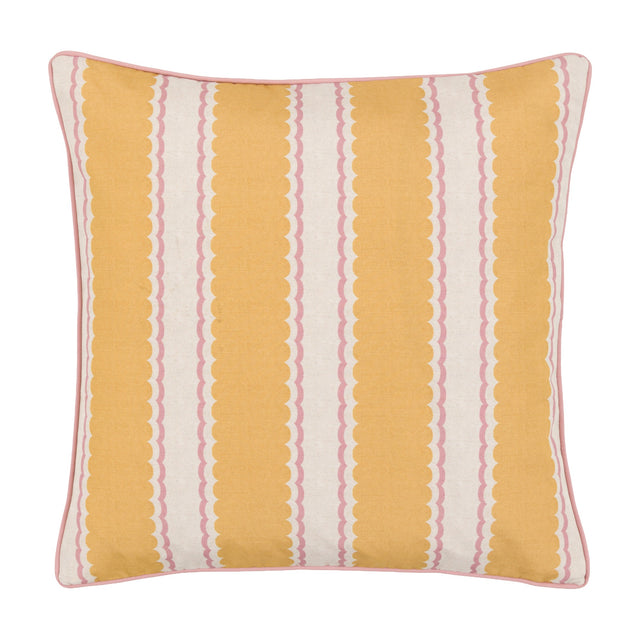 Gallery Direct Calvenne Scalloped Stripe Cushion in ochre and natural with pink scalloped detailing and pink piped border on a white background.