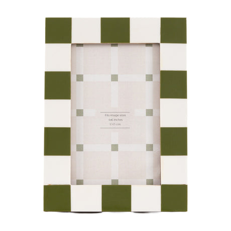 Gallery Direct Cordvane Checkerboard 4x6in portrait photo frame with olive green and cream resin border and glass front, on a plain white background.
