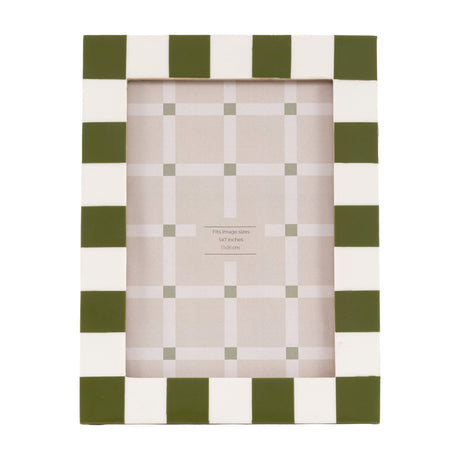 Gallery Direct Cordvane 5x7in photo frame with olive green and cream checkerboard resin border and glass front, portrait orientation on a white background.