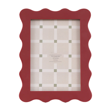 Gallery Direct Vianelle 7x5in photo frame with a scalloped wavy border in matte burgundy resin and glass front, shown freestanding on a white background.