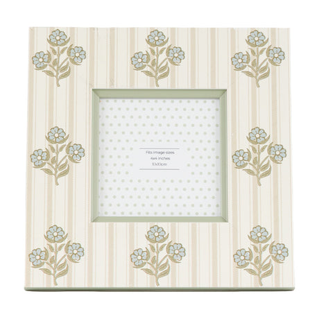 Gallery Direct Rosvane 4x4 inch square photo frame in cream with beige ticking stripes, powder blue block-printed florals and a sage green inner window.