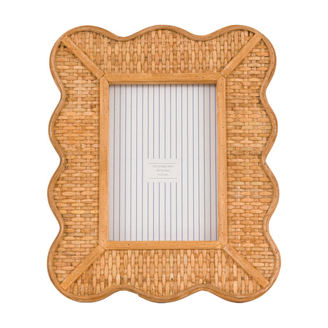 Gallery Direct Ayvane woven rattan 5x7in photo frame in natural honey tone with scalloped border and basket-weave face, shown on a white background.