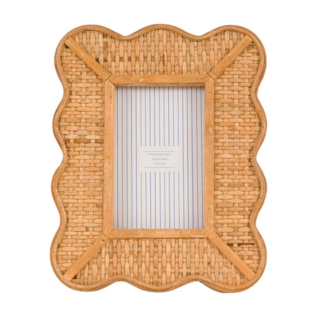 Gallery Direct Ayvane rattan photo frame in natural tones with hand-woven basket weave panel, scalloped outer edge and 6x4in aperture on a white background.