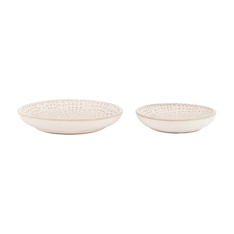 Gallery Direct Brevane Beaded Trinket Tray Set of 2 in cream-white stoneware with radial beaded pattern and unglazed rim, shown on a plain background.