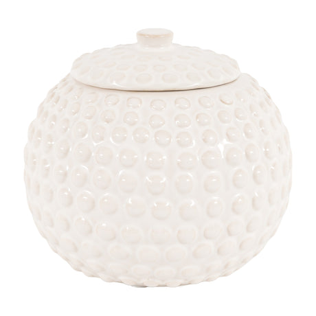 Gallery Direct Albvane Beaded Trinket Jar in off-white glazed stoneware, rounded globe shape with raised bead texture and lid with knob, on a white background.