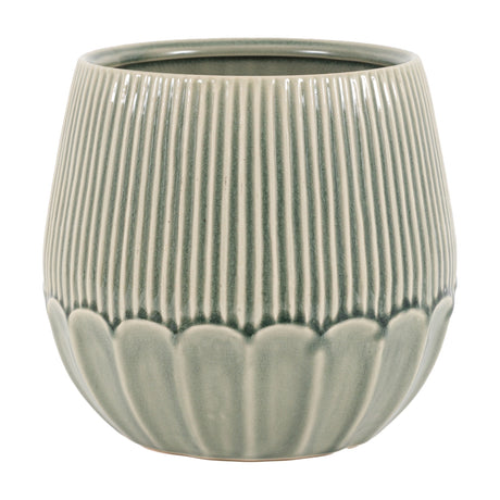 Gallery Direct Elvane ceramic planter in sage green with ribbed body and scalloped petal base, shown on a plain white background.