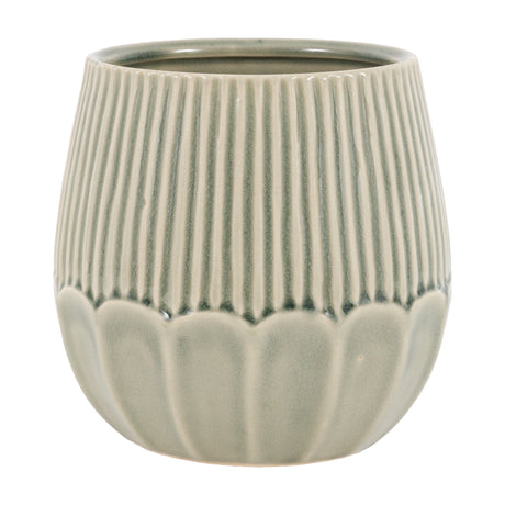 Gallery Direct Elvane sage green ceramic planter with ribbed body, scalloped petal base and crackle glaze finish, shown on a plain white background.