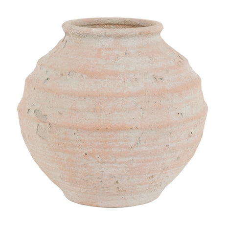 Gallery Direct Naxvane Ribbed Round Planter in weathered terracotta stoneware with horizontal ribs, rounded belly and short flared neck on white.