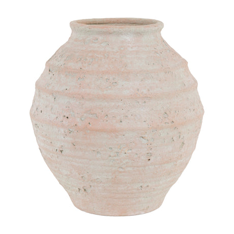 Gallery Direct Naxvane Ribbed Round Planter in weathered natural stoneware with a rounded belly, flared neck and horizontal ribbing, on a white background.