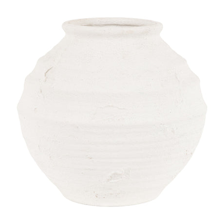 Gallery Direct Naxvane Ribbed Round Planter in natural white stoneware with a belly shape, flared neck and weathered matt finish, on a plain background.