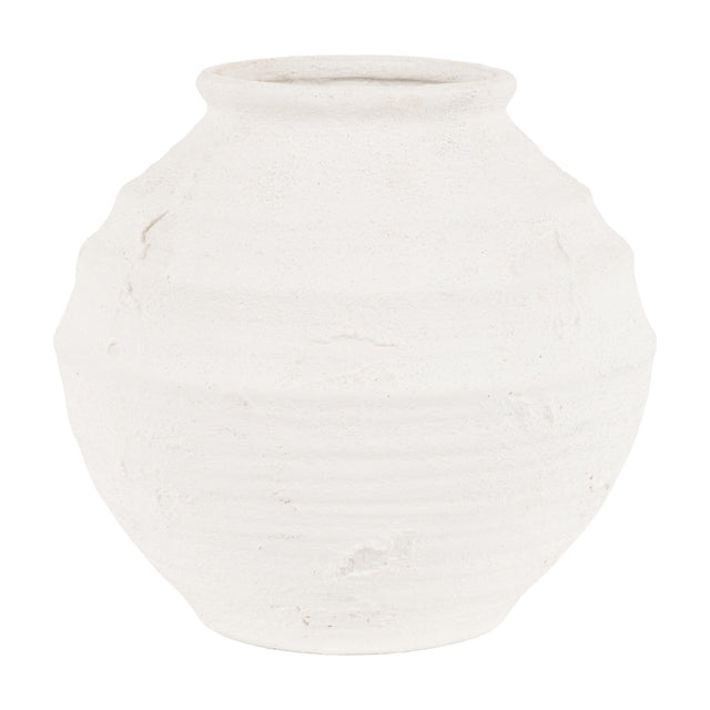 Gallery Direct Naxvane Ribbed Round Planter in natural white stoneware with a belly shape, flared neck and weathered matt finish, on a plain background.