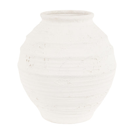 Gallery Direct Naxvane Ribbed Round Planter in natural white stoneware with a belly shape, flared neck and weathered matt finish, on a plain background.