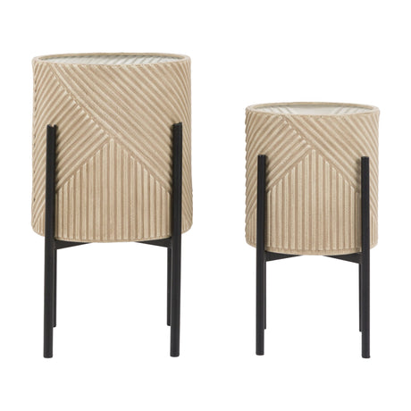 Gallery Direct Artvane Textured Planters with Stands in stone beige, set of two ridged iron pots on slim black four-leg metal stands.