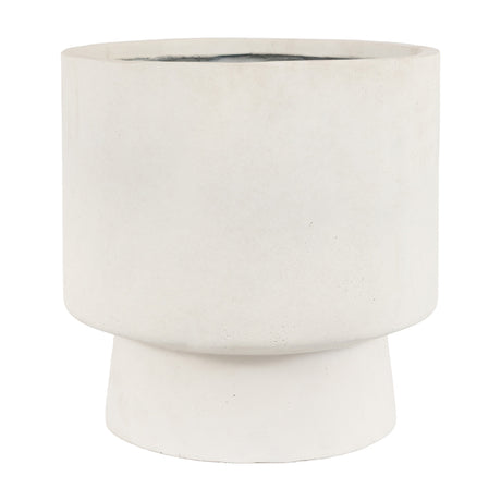 Gallery Direct Orvane Footed Planter in white magnesium with wide cylindrical body on tapered footed base and matt finish, on a plain background.