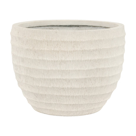 Gallery Direct Lorvane round tapered magnesium planter in white with horizontal ridged texture, shown on a plain background.