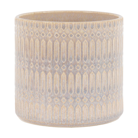 Gallery Direct Alarelle cylindrical ceramic planter in taupe with a raised geometric pattern of arches and diamonds under a reactive glaze.
