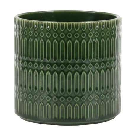Gallery Direct Selvane Embossed Ceramic Planter in glossy green with a repeating geometric floral pattern, shown on a plain white background.