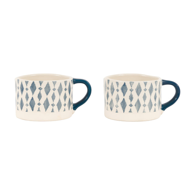 Ikat Diamond Print Ceramic Mugs Set of 2 – Blue
