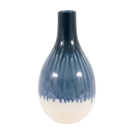 Gallery Direct Orvenne ceramic bottle vase with slim tapered neck, glossy indigo glaze fading into a matte cream base, shown on a white background.