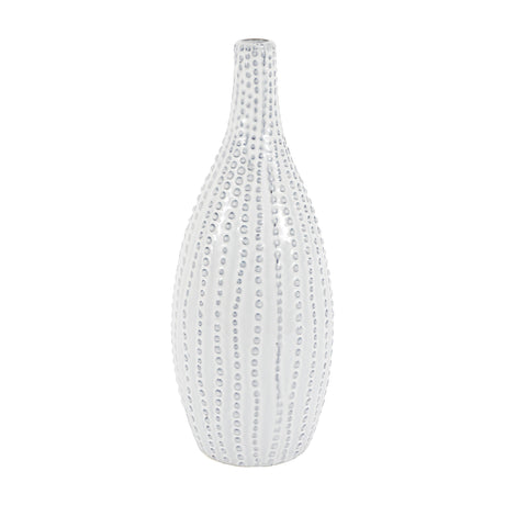 Gallery Direct Lucvane bottleneck vase in white glazed stoneware with vertical rows of raised beading and soft grey shading, on a plain background.