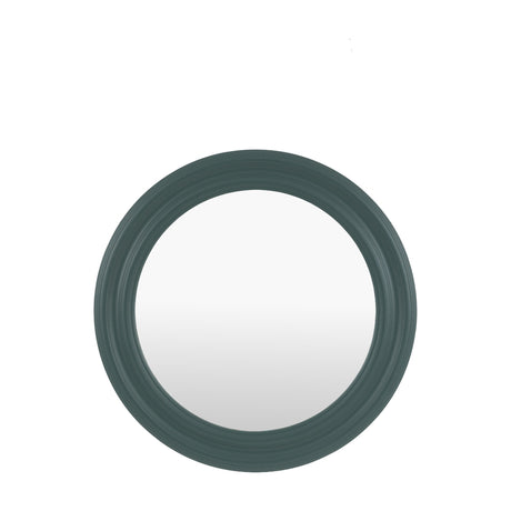 Gallery Direct Merval Round Mirror with a stepped, moulded green painted MDF frame around a circular glass plate, shown on a plain white background.