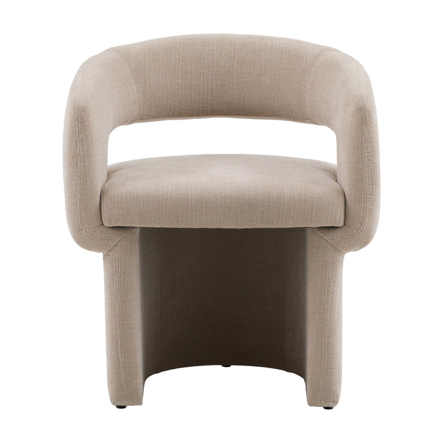 Gallery Direct Slonelle Upholstered Dining Chair in natural fabric with curved open backrest and sculptural plinth base, shown on a white background.