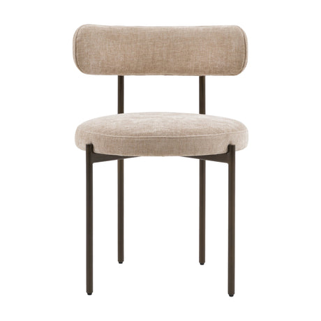 Gallery Direct Avelenne Bouclé Dining Chair in natural fabric with rounded bolster back, padded seat and slim black iron legs on a white background.
