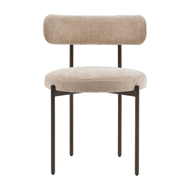 Gallery Direct Avelenne Bouclé Dining Chair in natural fabric with rounded bolster back, padded seat and slim black iron legs on a white background.