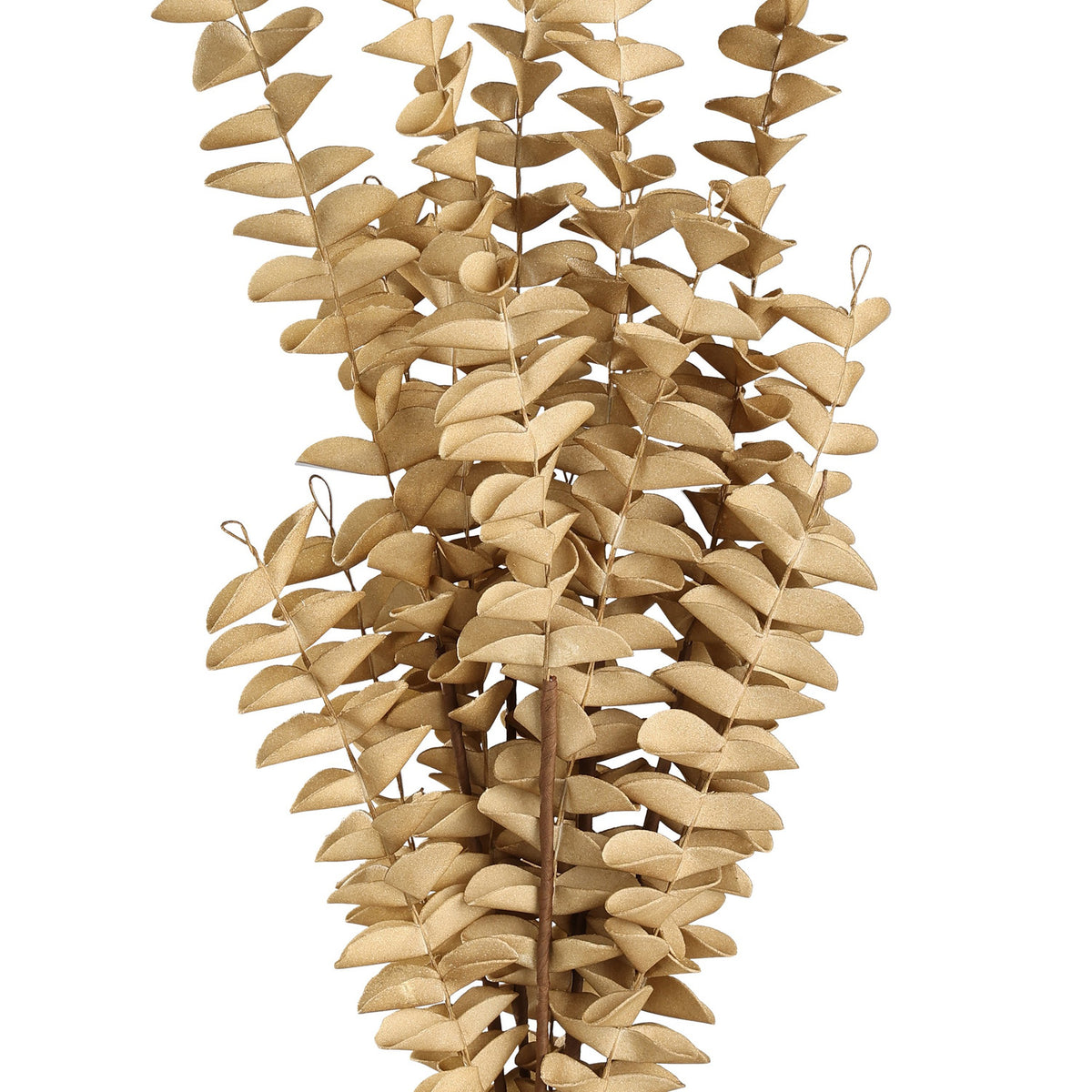 Gannan Artificial Leaf Spray in brown, close-up of slender stems lined with small rounded beige leaves resembling dried foliage, shown on a white background.
