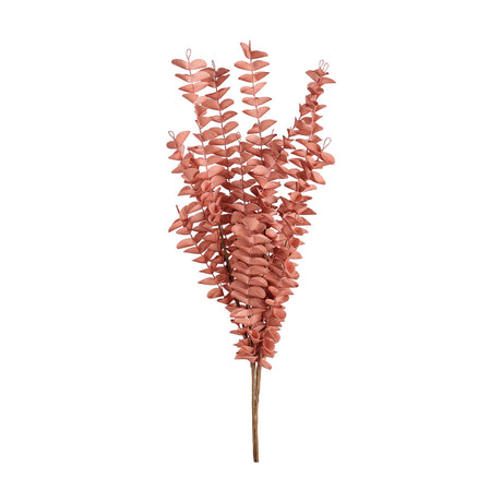 Gannan Artificial Leaf Spray with multiple eucalyptus-style stems, dusty terracotta pink rounded leaves and curled tendril tips, gathered on a brown stalk against a plain white background.