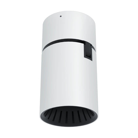 Ganzirri LED Downlight in white, a surface-mounted aluminium cylinder with a black accent band and ribbed baffle inside the opening, shown on a plain background.