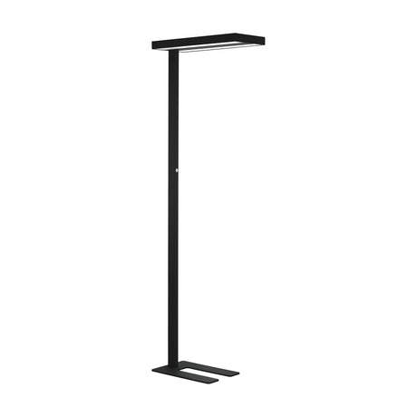 Garabella LED floor lamp in black aluminium with a slim upright pole, flat rectangular head and low two-pronged foot, shown on a plain white background.