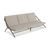 Garda 3 Seater Garden Sofa Cushion Set in beige fabric, shown fitted to an angular taupe metal frame with crossed legs on a plain white background.