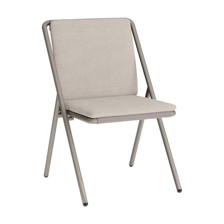 Garda Aluminium Garden Dining Chair with a slim beige-painted aluminium frame, angled legs, and a padded beige fabric seat and back, shown on a plain white background.