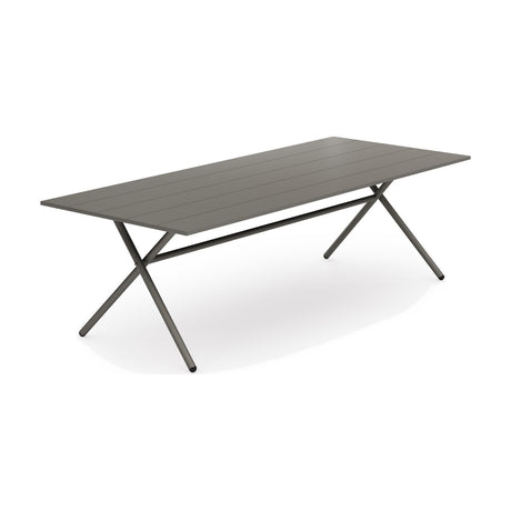 Garda Aluminium Outdoor Dining Table with a long rectangular grey top on crossed X-shaped aluminium legs joined by a slim stretcher, shown on a plain white background.
