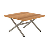 Garda square outdoor coffee table, 65 x 65cm, with a wood-effect slatted top and crossed round aluminium legs in a beige finish, shown on a plain white background.
