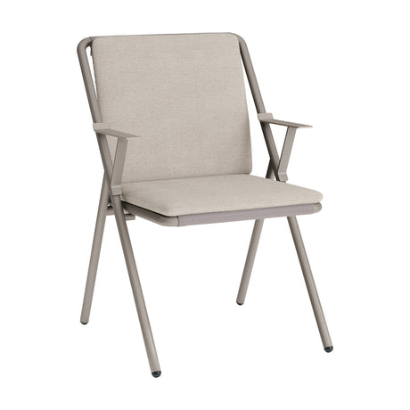 Garda garden dining armchair with a taupe aluminium frame, Vinytex sling seat and back, beige cushions, and painted aluminium armrests, shown on a plain white background.