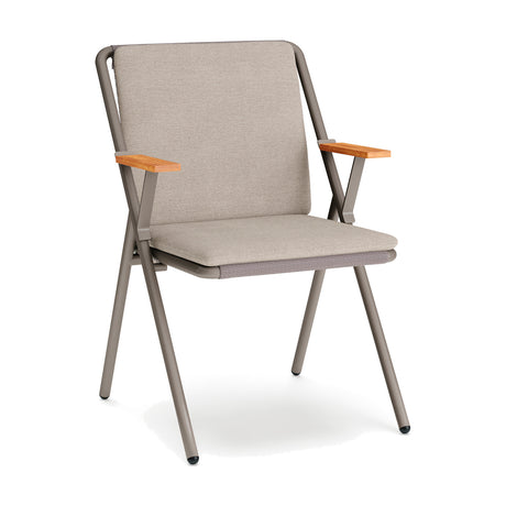 Garda garden dining armchair with a taupe aluminium frame, iroko wood armrests, and beige fabric seat and back cushions, shown on a plain white background.