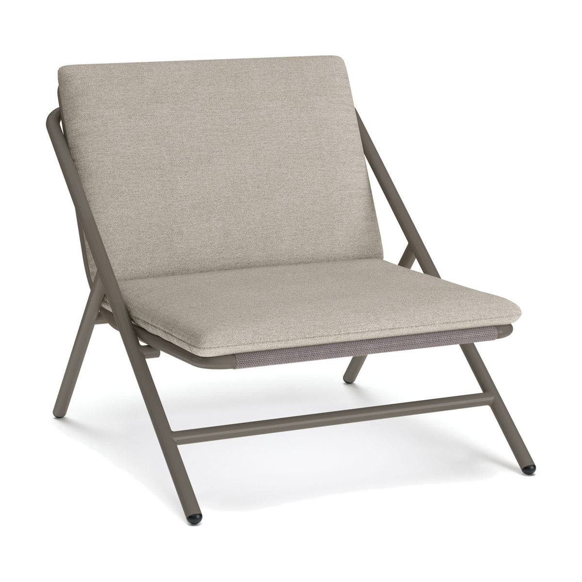 Garda High Back Garden Armchair Cushion Set in beige fabric, shown fitted to the X-frame taupe metal chair with squared seat and back cushions, on a plain white background.