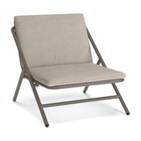 Garda High Back Garden Armchair Cushion Set in beige fabric, shown fitted to the X-frame taupe metal chair with squared seat and back cushions, on a plain white background.