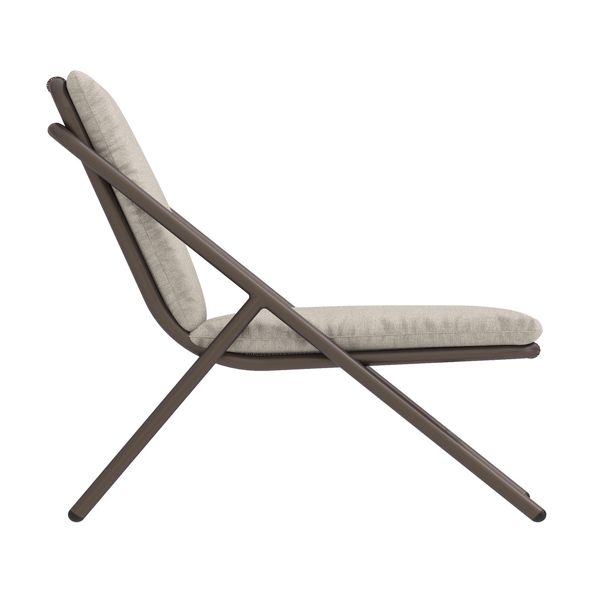 Side view of the Garda High Back Garden Armchair with beige seat and back cushions on an angular brown metal frame, shown against a white background.